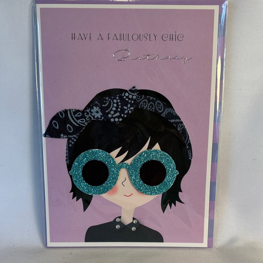 NWT BURGOYNE 3D Fabulously Chic Birthday Card with Glitter Teal Sunglasses- 5X7